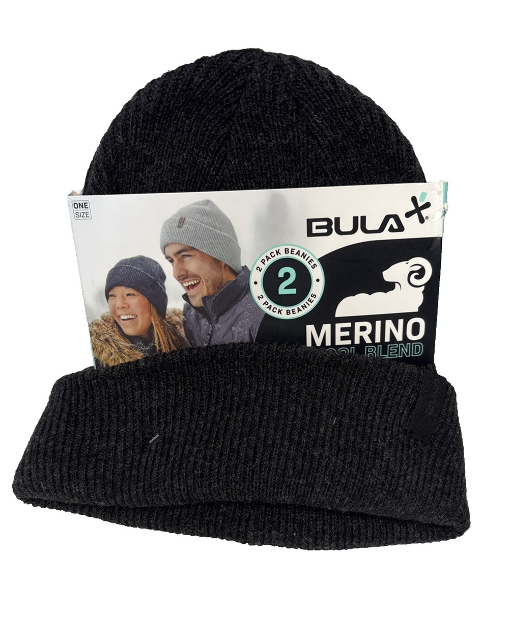 New Bula 2-Pack Merino Wool Blend Beanies Black +Gray Thermal One Size